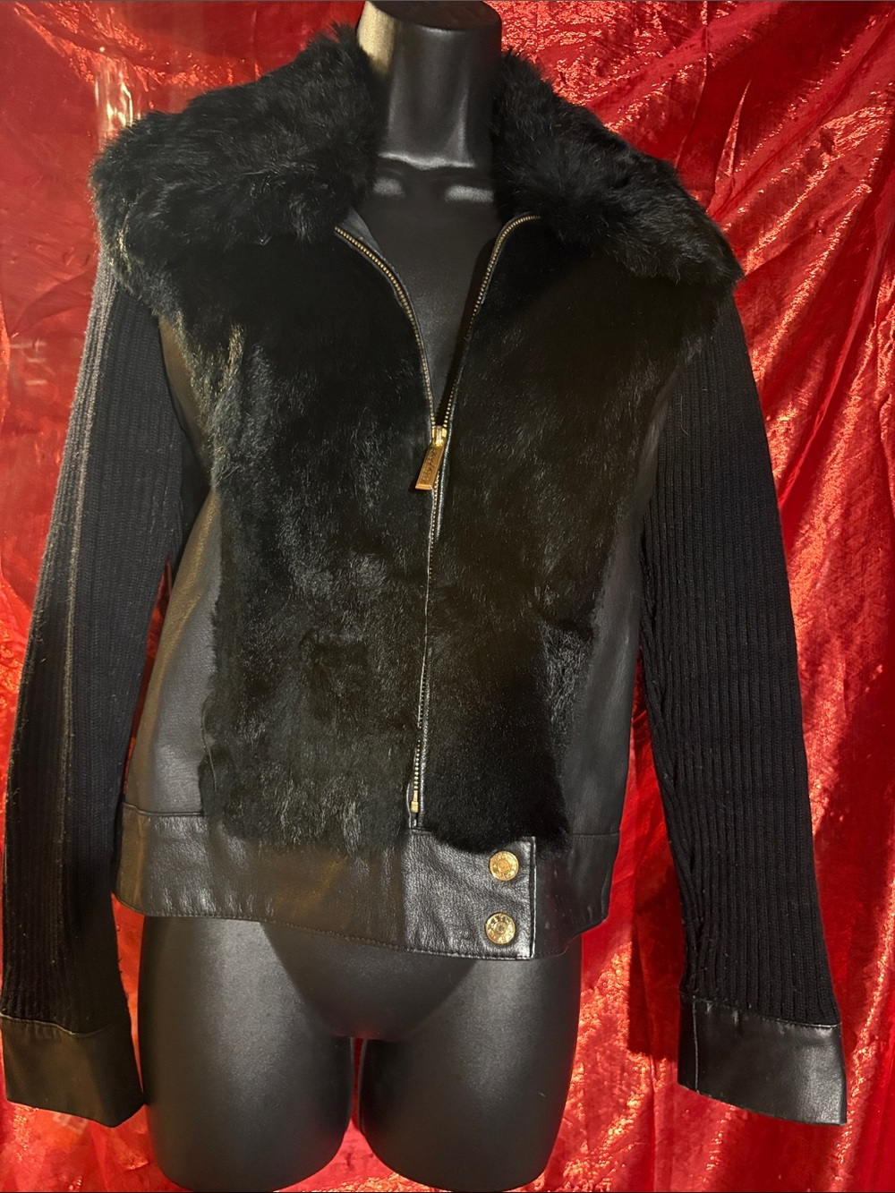 Baby Phat Black Rabbit Fur Trim Knit-Sleeve Jacket